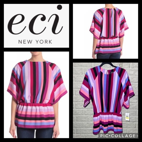 NWT MSRP $108 ECI Striped Flounce Hem Top Women's Size Medium - Picture 1 of 7